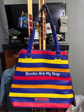 Super Cool!😎Scholastic Reading Club "Books Are My Bag" Multi-Striped Faux Leathe